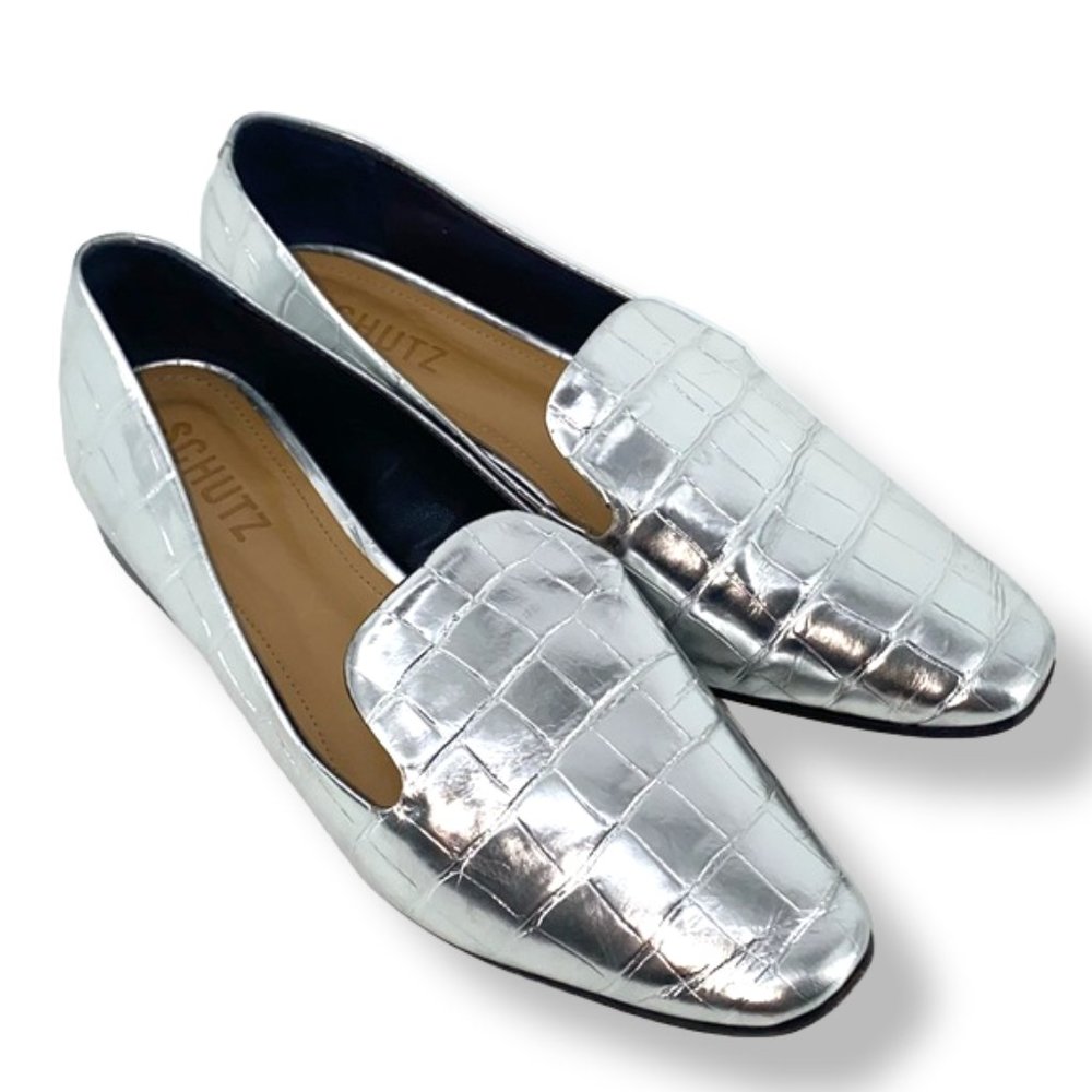 Schutz Flor Crocodile Embossed Metallic Silver Loafer Prata Size 7.5